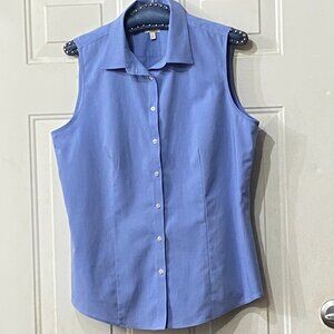 Talbots Womens Sz M Blouse Button Up Shirt Sleeveless Blue Cotton Stretch